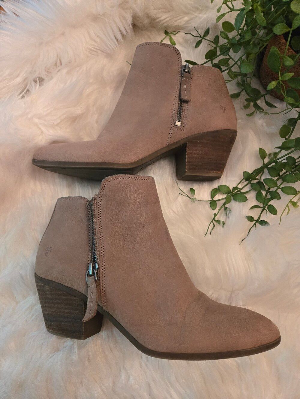 Frye Taupe Suede Ankle Bootie with Low Block Heel Size 8
